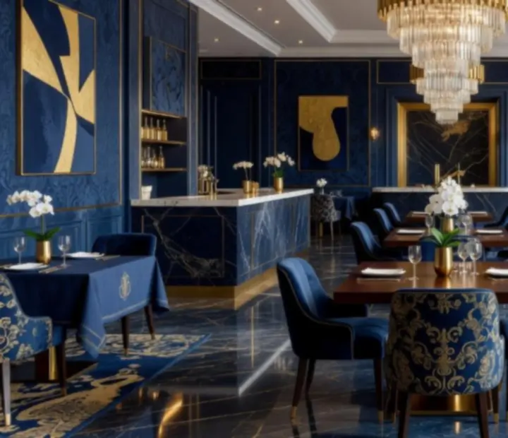 Elegáns navy és arany enteriőr a Smart Guide Centerr éttermében