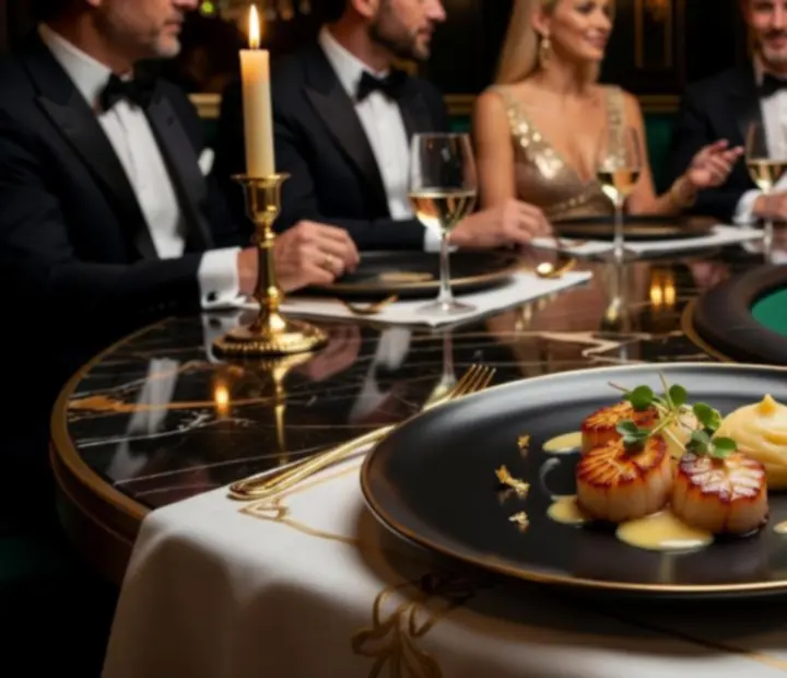 Elegáns teríték, modern étel és barátságos poker asztal szimbolikus zsetonokkal