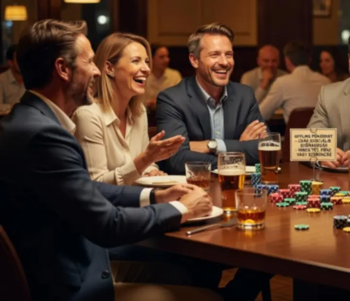 Barátságos poker asztal szimbolikus zsetonokkal egy elegáns étteremben
