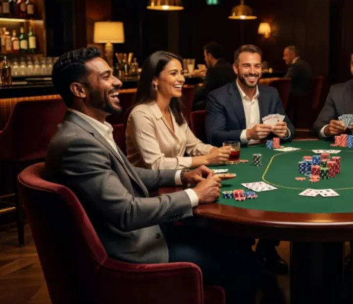 Barátságos offline poker est elegáns éttermi környezetben, szimbolikus zsetonokkal