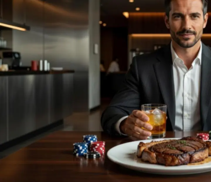 Steak és koktél egy poker esten, elegáns éttermi környezetben