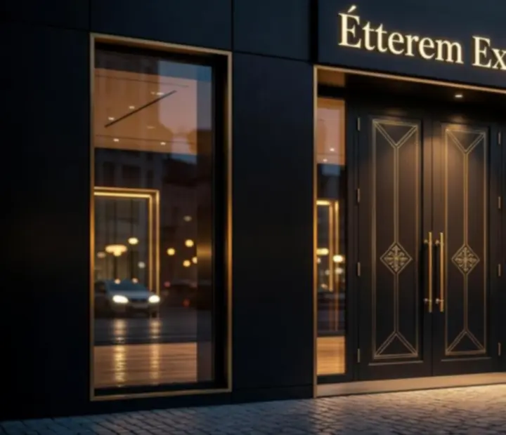 Elegáns budapesti étterem külső homlokzata esti fényben