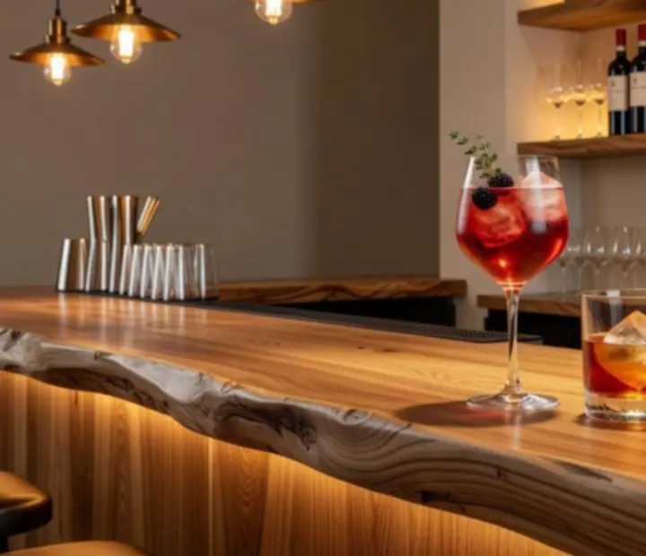 Elegáns borospoharak és signature koktélok egy modern bárpulton